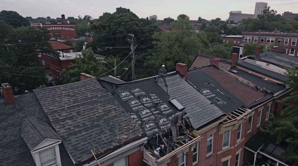 image showing professional roofer working on a residential shingle roofing