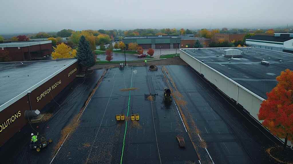 Shingle Masters image showing commercial roof under construction with roofer working