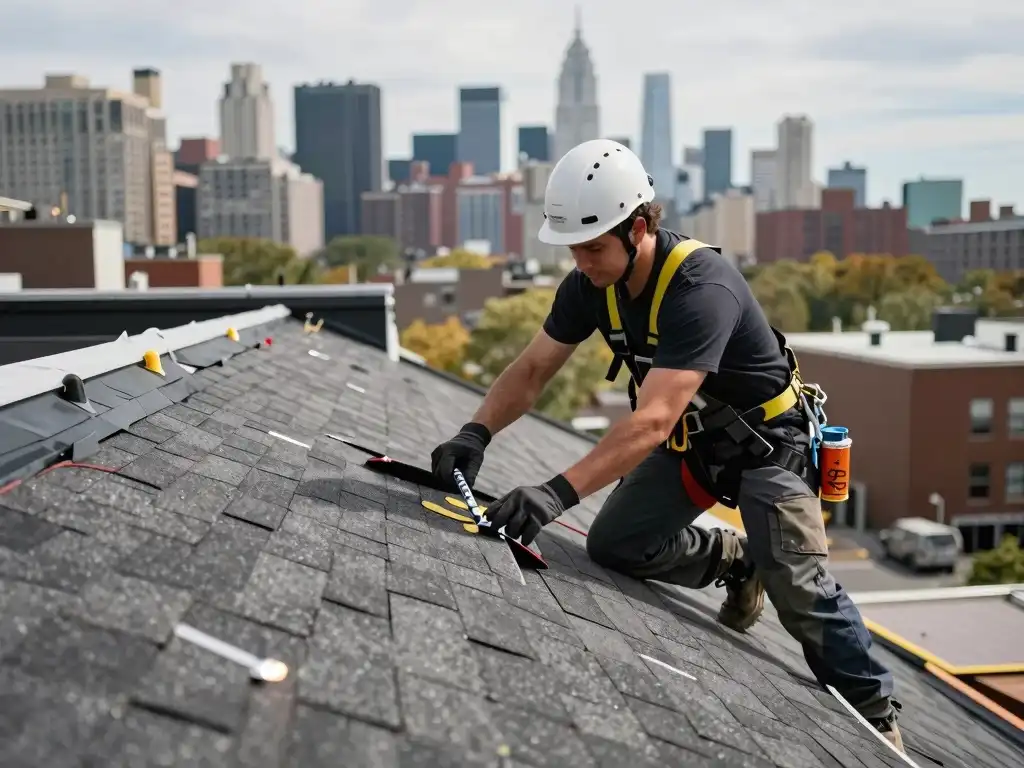 Image showing roofer repairing commercial roofing in Queens NY