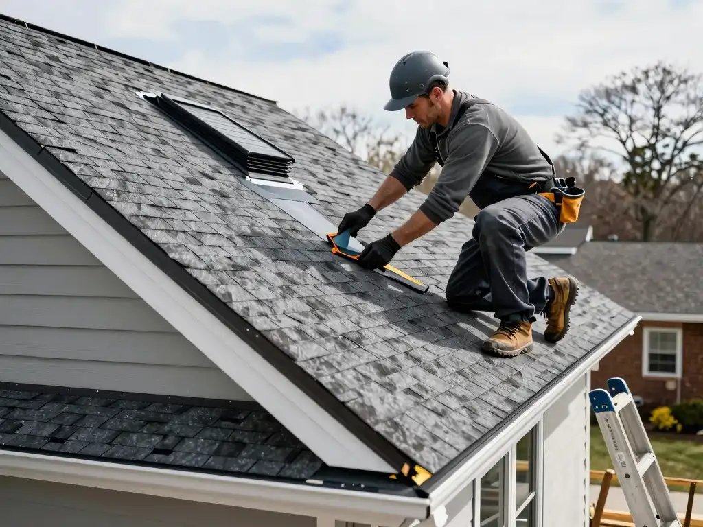 image showing roofer checking shingle roofing components in Queens NY