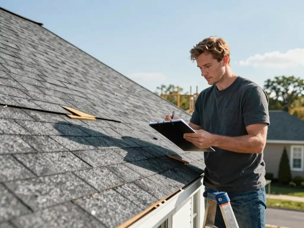 Roofer checking shingle roof for cost and pricing of repair in Queens NY