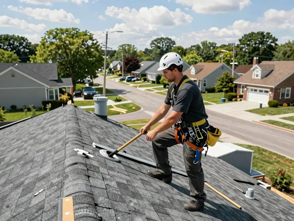 Professional roofer doing works on Shingle roofing in Queens NY Neighborhood