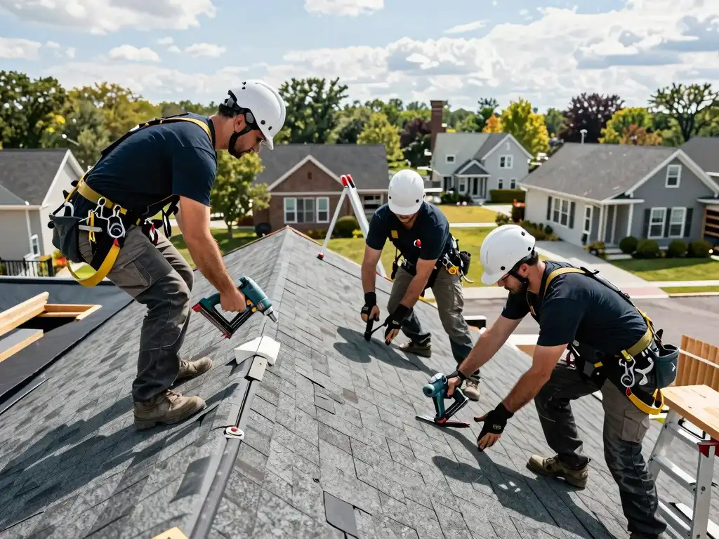 showing group of roofers doing shingle installation in Queens NY roof