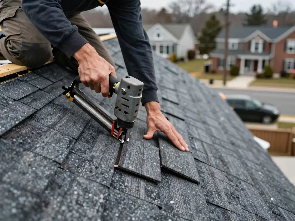 Image showing roofer doing shingle installation in Queens NY roof