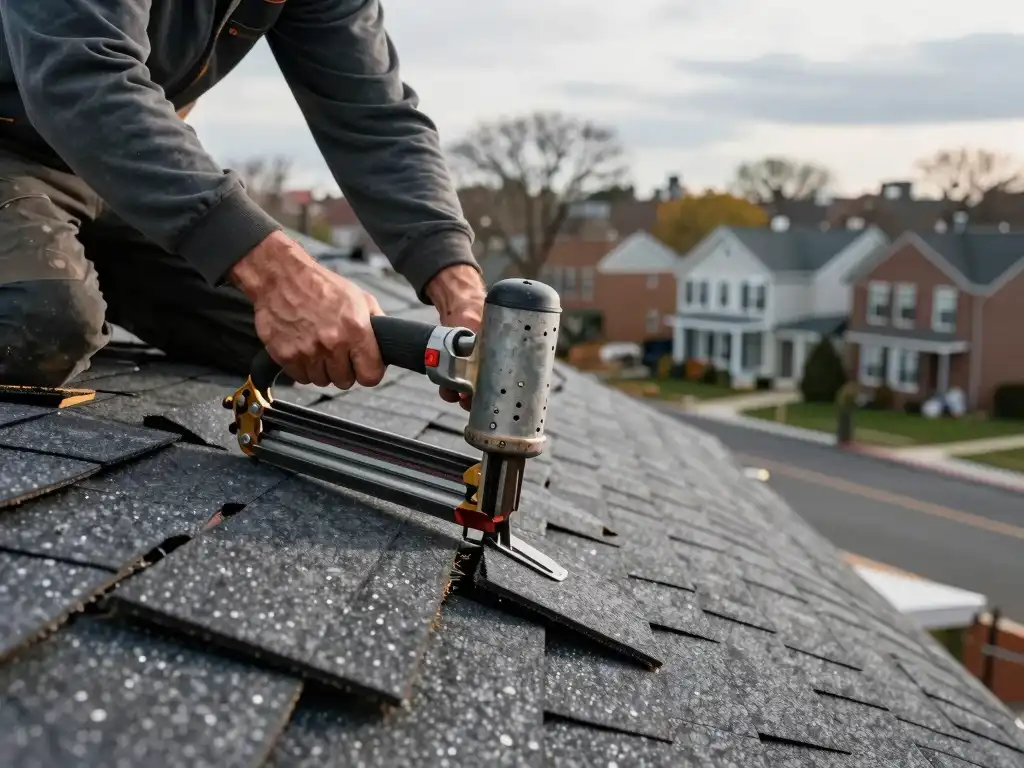 Roofer doing shingle repair in residential roof in Queens NY
