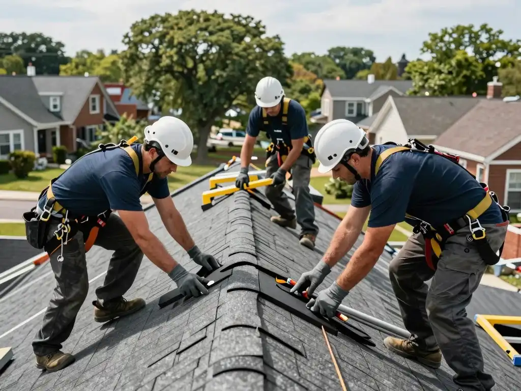 Roofers doing roof repairs in a residential roofing in Queens NY