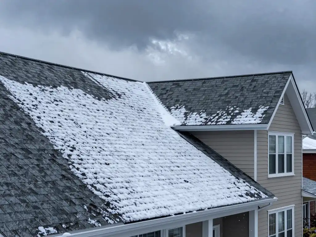 View of Shingle roof during winter season in Queens NY