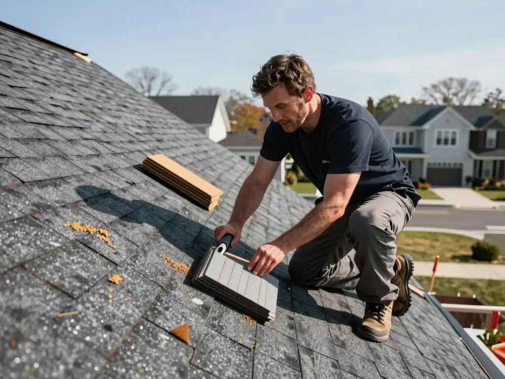 image showing roofer checking shingle roofing in Queens NY